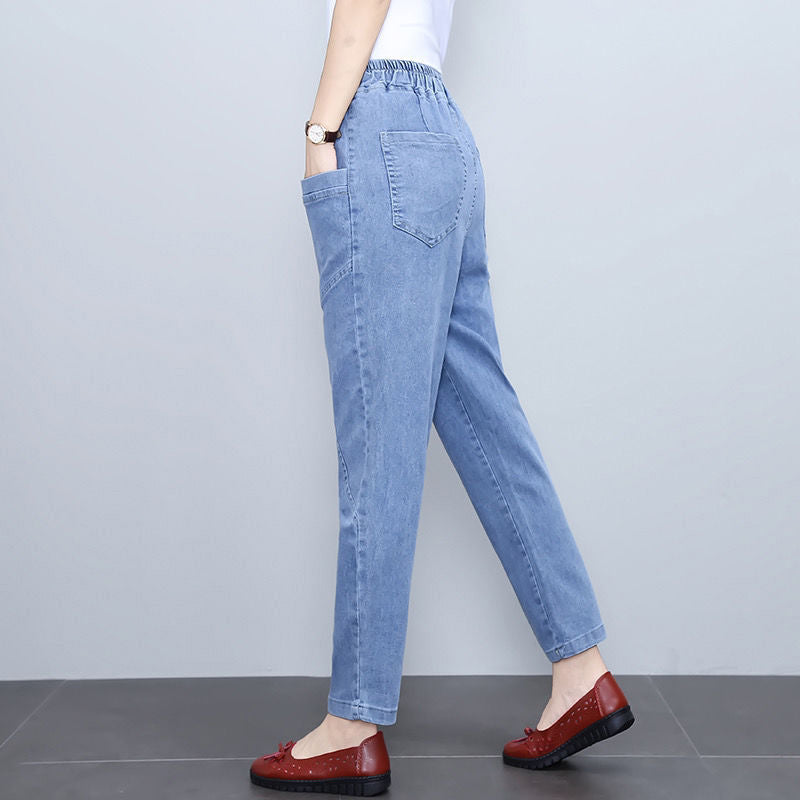 Stretchiga damjeans med hög midja och raka ben