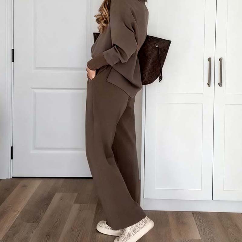 💥Nyhet 50 % rabatt – Chic brunt casual-set för damer: topp med V-ringning och byxor med dragsko
