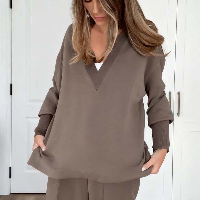 💥Nyhet 50 % rabatt – Chic brunt casual-set för damer: topp med V-ringning och byxor med dragsko