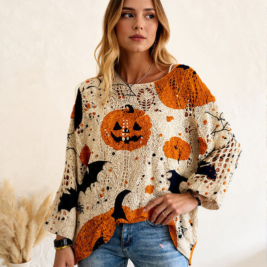 🎃Halloween 50 % rabatt specialerbjudande💓Damtröja i lös passform med batwingärmar för Halloween