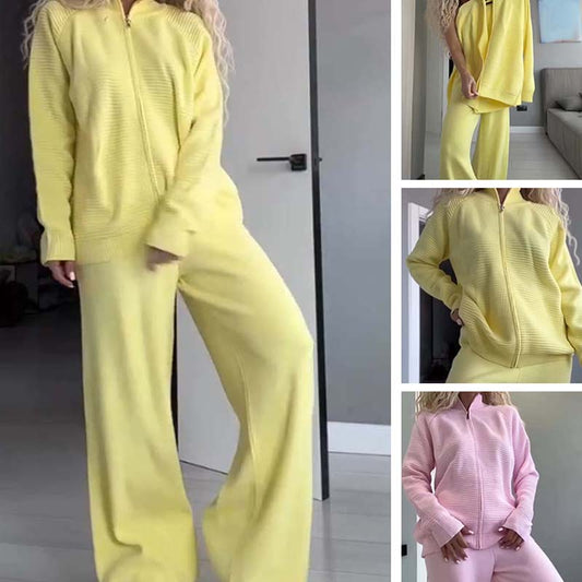 🔥Tidsbegränsat erbjudande: 50 % rabatt👚👖Damset med stickad kappa med dragkedja fram och byxor med vida ben