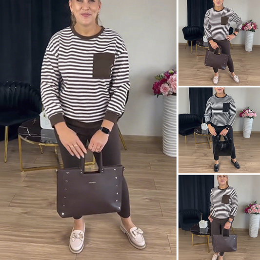 Stripade topp och enfärgade byxor för damer